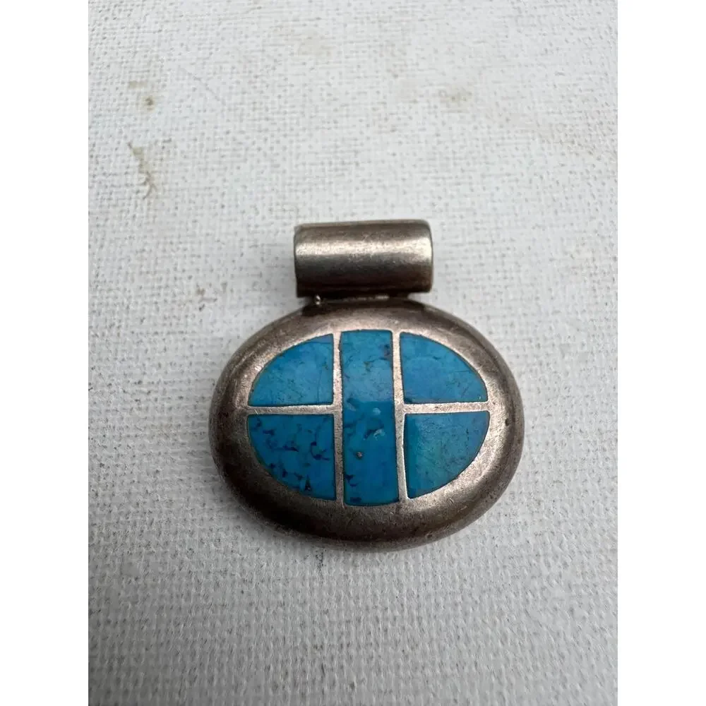 Vintage Sterling Silver Crushed Blue Stone Inlay Pendant - 13 grams